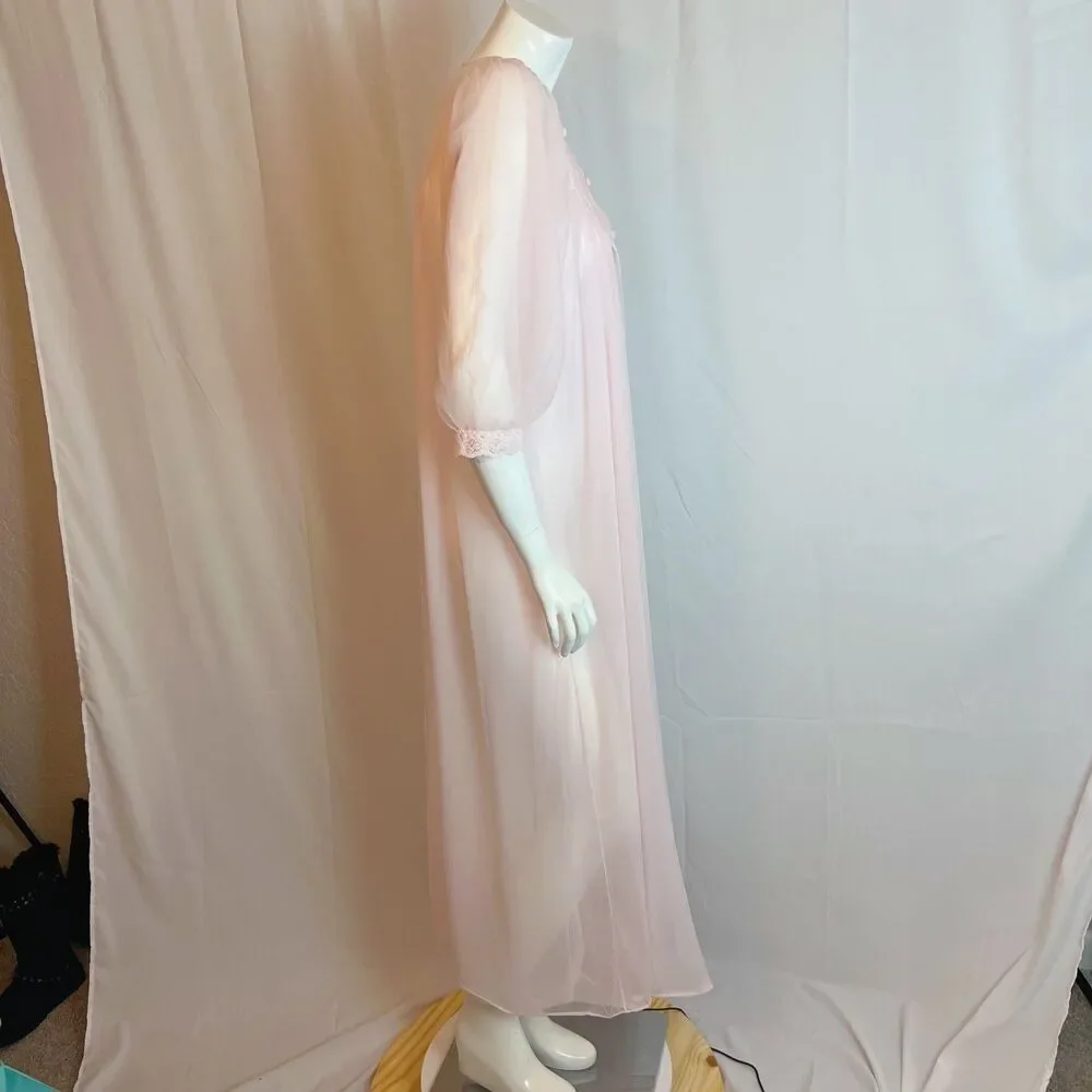 Vintage 1970s Sheer Pink Chiffon Night Gown Lace Details Coquette Size M - Picture 3 of 6